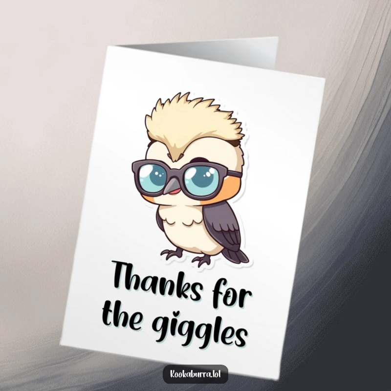 Funny free printable thank you card with a kookaburra wearing oversized glasses, peeking over them with a joyful, giggling expression.