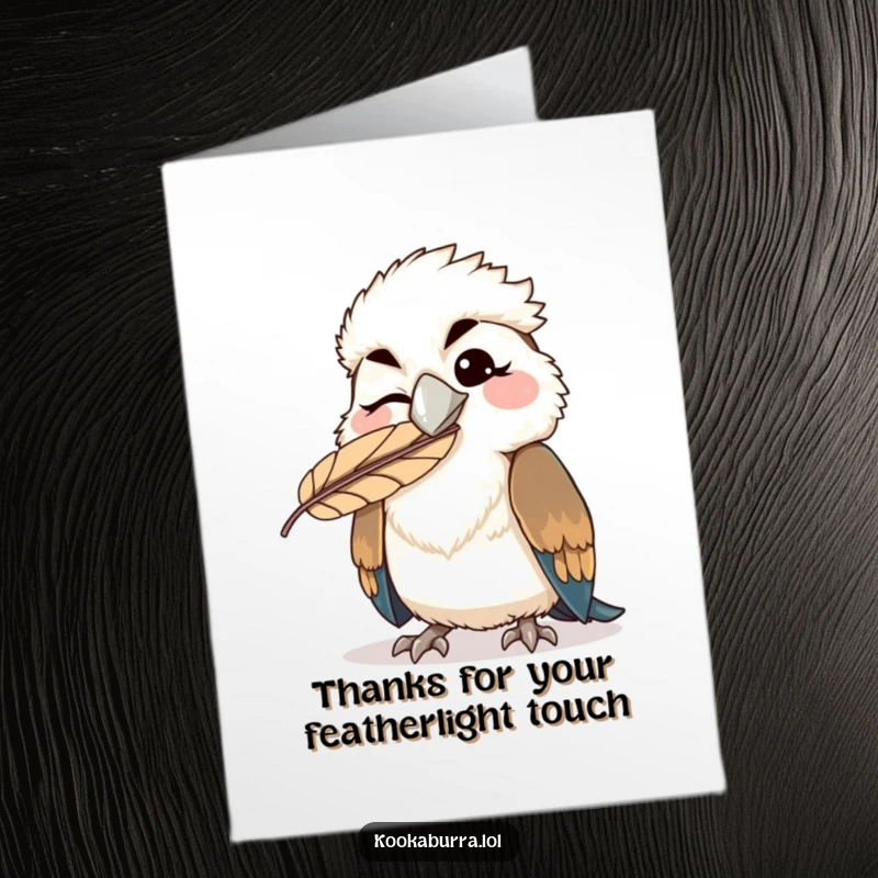 Funny Free Printable Thank You Card: Kawaii kookaburra winking with a funny feather on its beak, expressing thanks humorously.