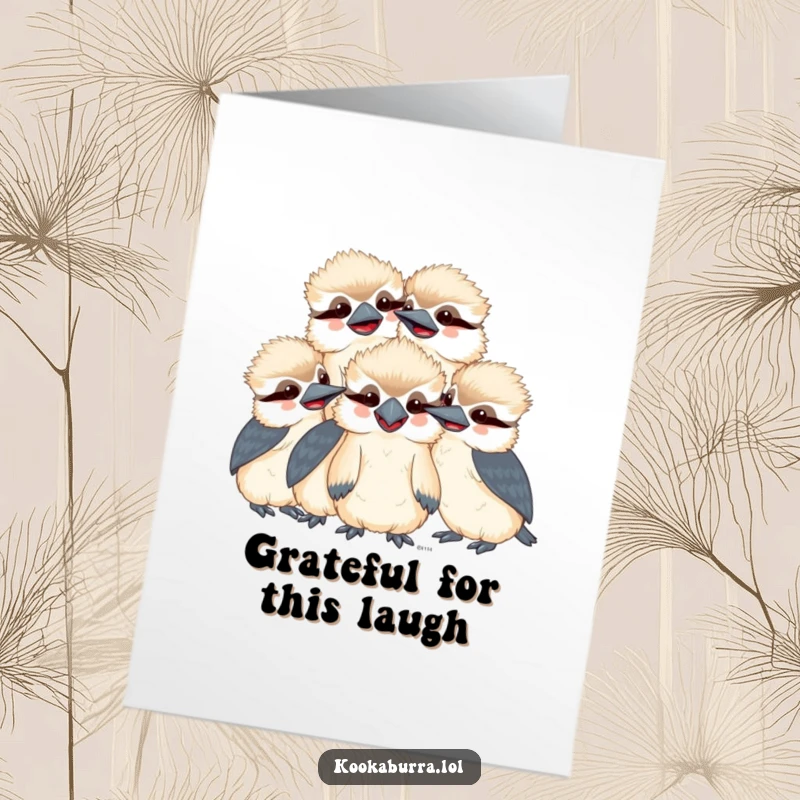 Funny Free Printable Thank You Card: Three adorable, smiling kawaii kookaburras gathered close, sharing a delightful giggle.