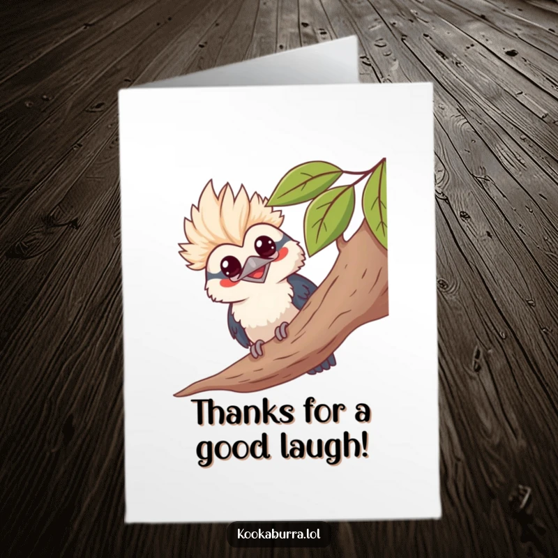 Funny Free Printable Thank You Card featuring a kawaii kookaburra peeking from behind a leafy branch, grinning playfully.