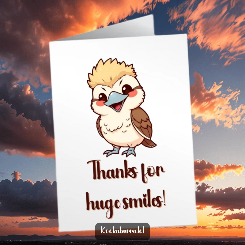 Funny Free Printable Thank You Card where a kawaii kookaburra playfully mimics someone with a wide, exaggerated, humorous smile.