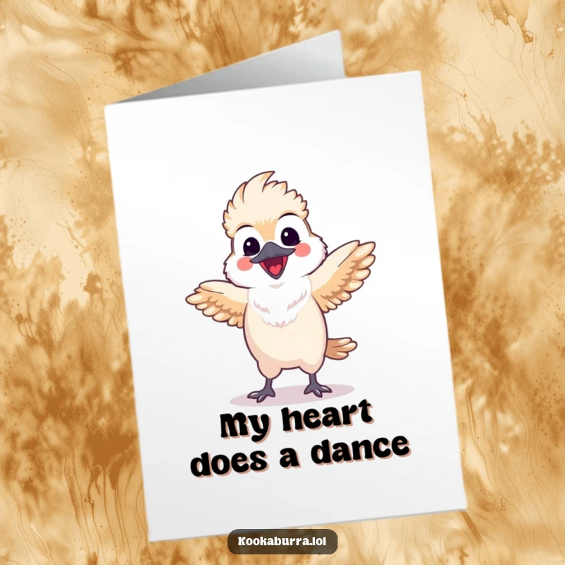Funny Free Printable Thank You Card: A happy, kawaii kookaburra doing a cheerful dance with wings spread wide.