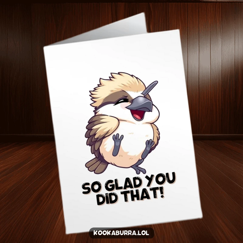 Funny Free Printable Thank You Card: Kawaii kookaburra mid-tumble, conveying thanks with infectious, joyful laughter.