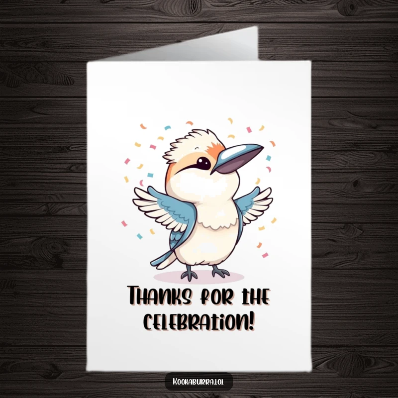 Funny free printable thank you card: a kookaburra in a celebratory mood throwing colorful confetti with both wings, expressing thanks.