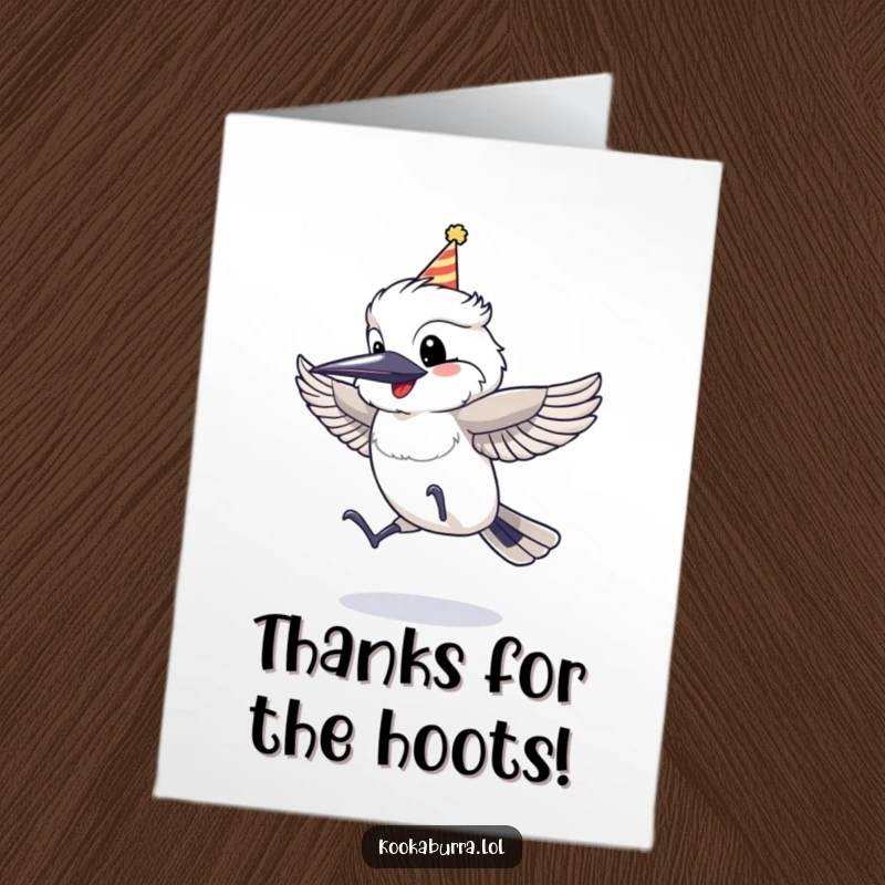Funny Free Printable Thank You Card: A kookaburra in a party hat jumping with pure glee.