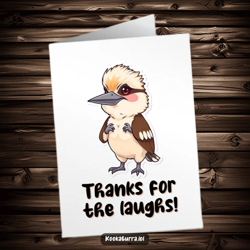 Funny free printable thank you card: a kookaburra striking a peculiar human pose, making a humorous gesture of gratitude.