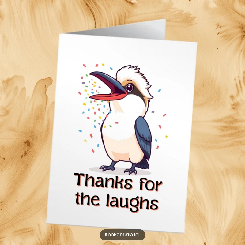 Funny Free Printable Thank You Card: A kookaburra with its beak wide open, playfully showering colorful confetti as a thank you.