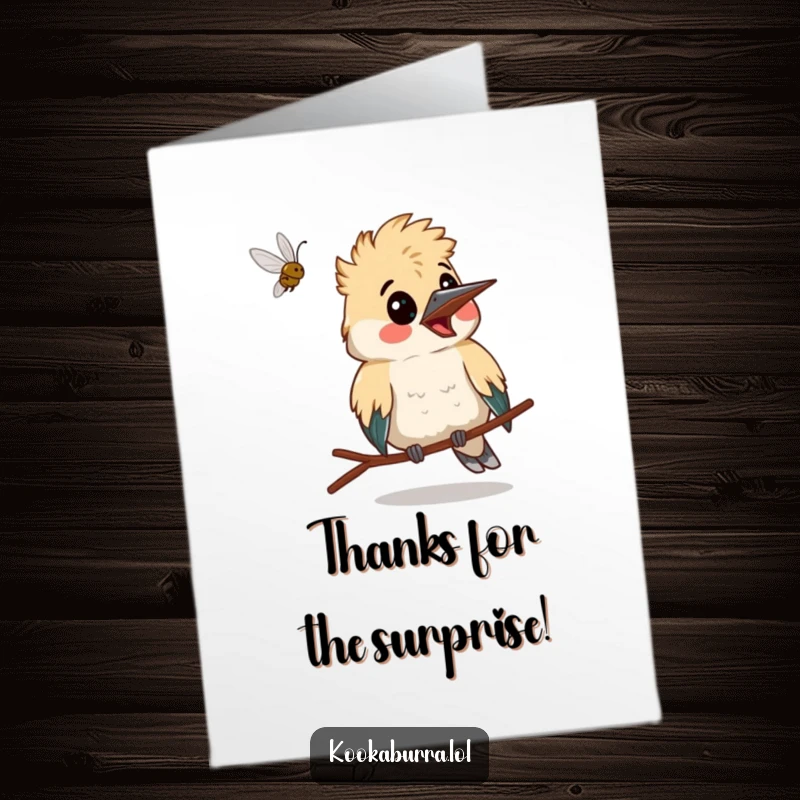 Funny Free Printable Thank You Card: A kookaburra making a completely surprised face as a bug unexpectedly flies right past its nose.