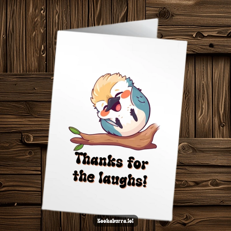 Funny Free Printable Thank You Card of a small, round kawaii kookaburra tumbling end over end, laughing with pure delight.