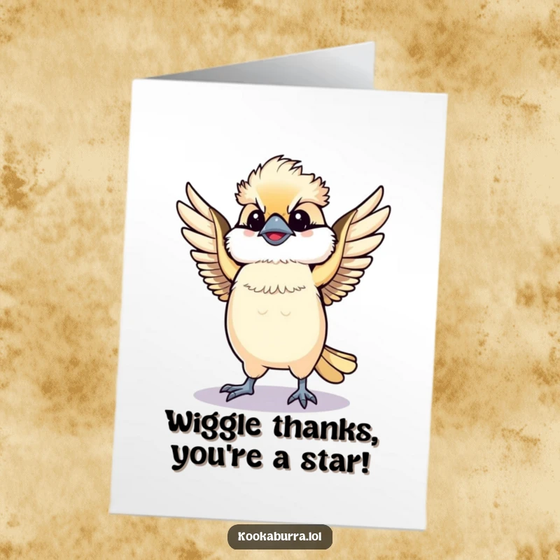 Funny Free Printable Thank You Card of a kawaii kookaburra doing a joyful dance with wings spread, perfect for a fun and appreciative message.