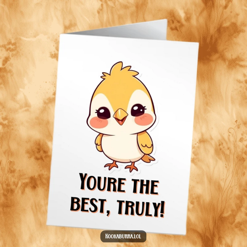 Funny Free Printable Thank You Card depicting a cute bird tipping its head with a wide, silly grin, expressing heartfelt thanks.