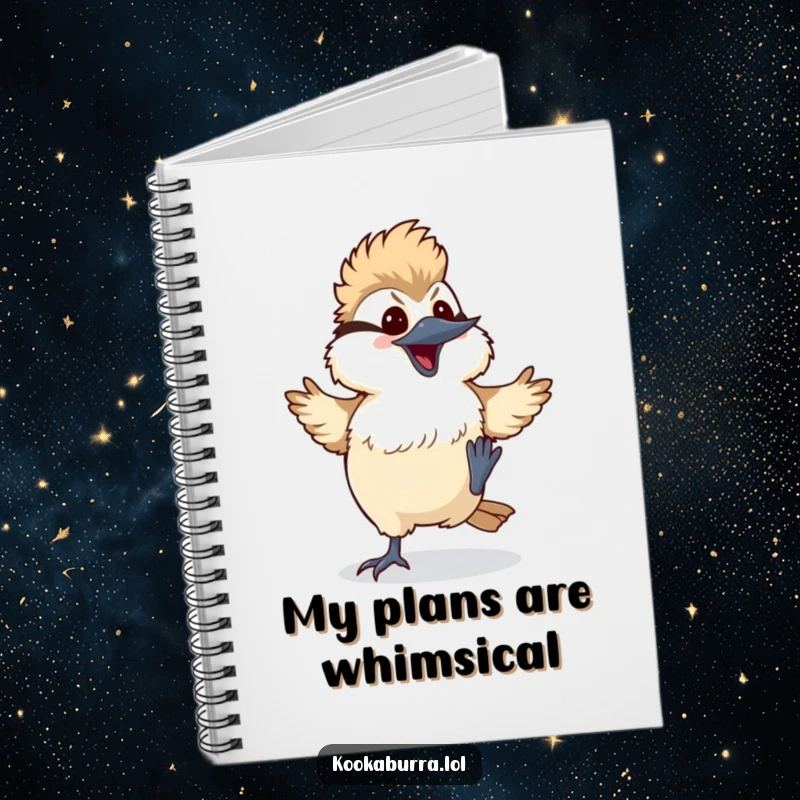 Funny kawaii kookaburra notebook featuring a bird doing a silly dance with its feet kicking up, ideal for humorous note-taking.