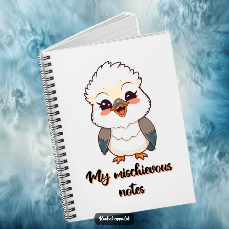Funny Kawaii Kookaburra notebook, a cute bird with a playful wink and beaming smile, perfect for jotting happy thoughts. A delightful funny gift.