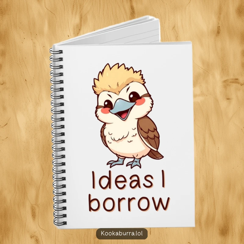Funny kawaii kookaburra notebook, mimicking with exaggerated smile, cute bird illustration, ideal for journaling.