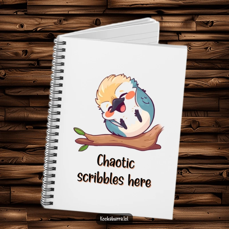 Funny round kawaii kookaburra notebook, tumbling end over end, laughing, cute bird illustration, ideal for journaling.