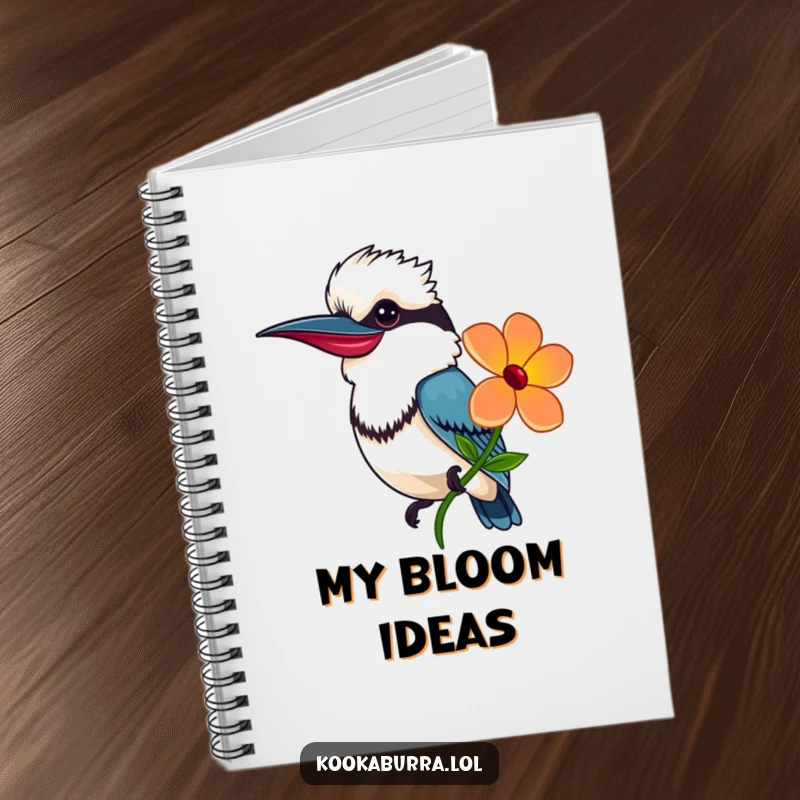 Funny Notebook with a smiling kookaburra offering a bright flower, designed for capturing kind thoughts and ideas.
