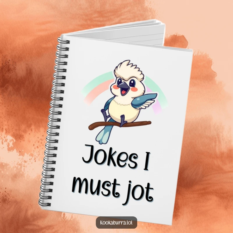 Funny notebook with a kookaburra sliding down a rainbow with a cheerful grin, perfect for writing joyful notes.