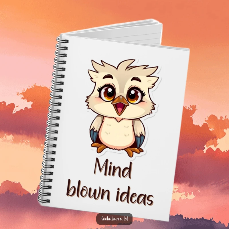 Funny kookaburra notebook featuring a bird with exaggeratedly big, wide eyes and a shocked expression, perfect for jotting down surprises.