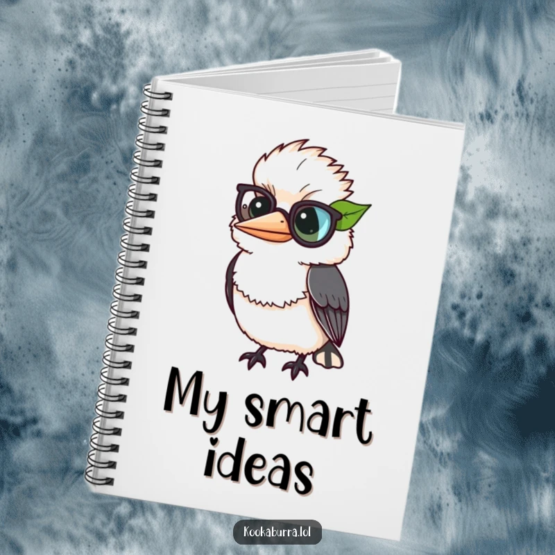 Funny kookaburra comically wearing a leaf as a monocle, a sophisticated and humorous notebook for writing.