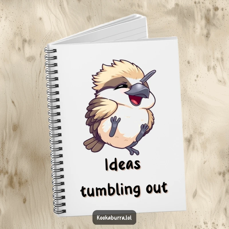 Funny notebook with a kawaii kookaburra hilariously tumbling, eyes closed in pure mirth, perfect for notes and doodles.