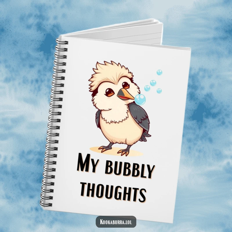 Funny kawaii kookaburra notebook with an amused bird blowing a stream of bubbles, perfect for jotting down funny thoughts.