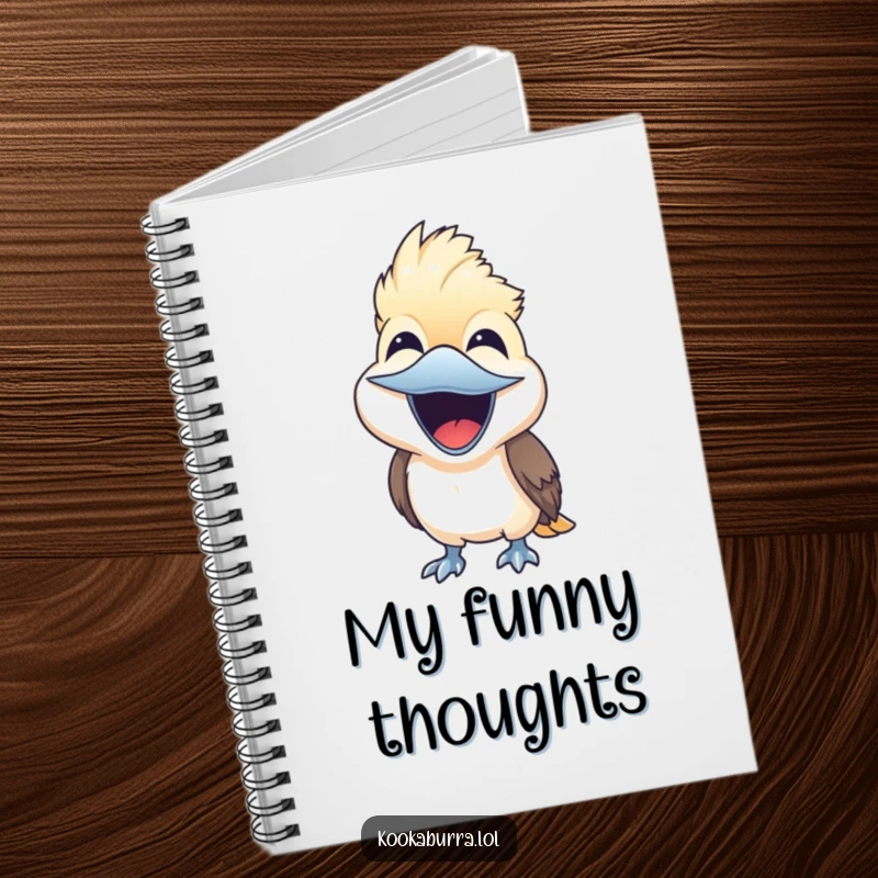 Cute kookaburra bird laughing joyfully with beak wide open on a notebook cover, inspiring creativity gift.
