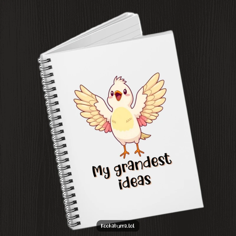 Funny notebook featuring a bird stretching its wings wide open, bursting with glee, ready to capture notes with a joyful and expressive design.