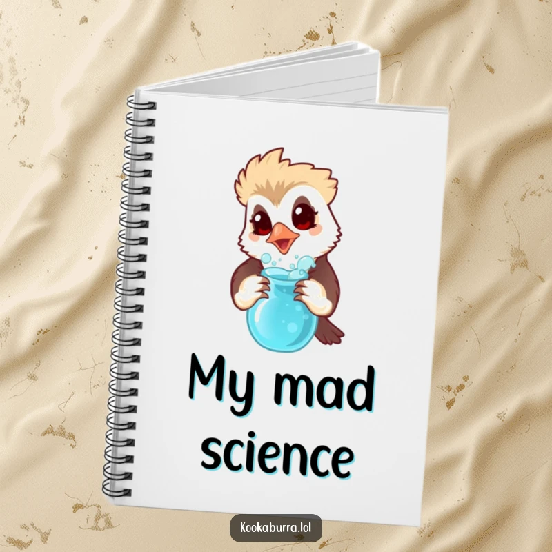 Funny notebook with a kookaburra with a surprised expression holding a bubbling potion, perfect for noting experiments.