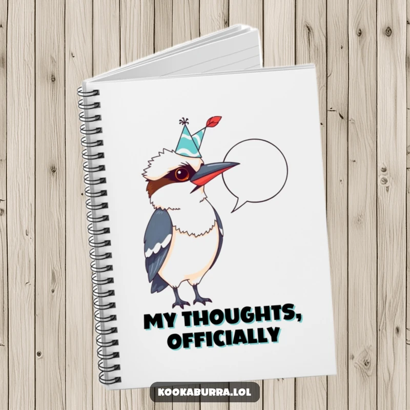 Funny Kookaburra Notebook: A kookaburra with a party hat and quill, dramatically pointing at a blank speech bubble for your notes.