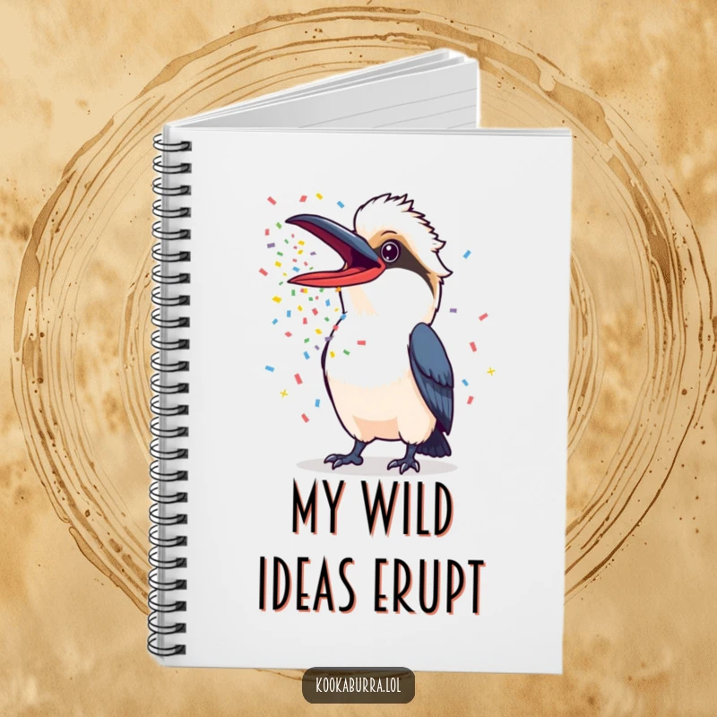 Funny Kookaburra Notebook showcasing a kookaburra with beak wide open, spewing colorful confetti, ideal for jotting down festive notes.