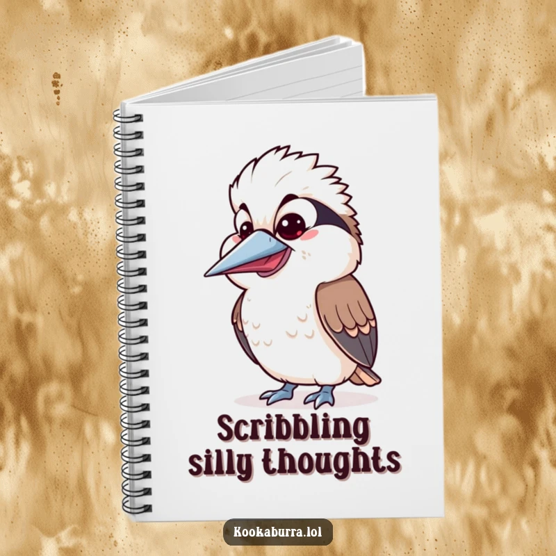 Funny Kawaii Kookaburra notebook featuring a cute bird with a silly expression and wide open beak, perfect for jotting funny thoughts. A great funny gift.