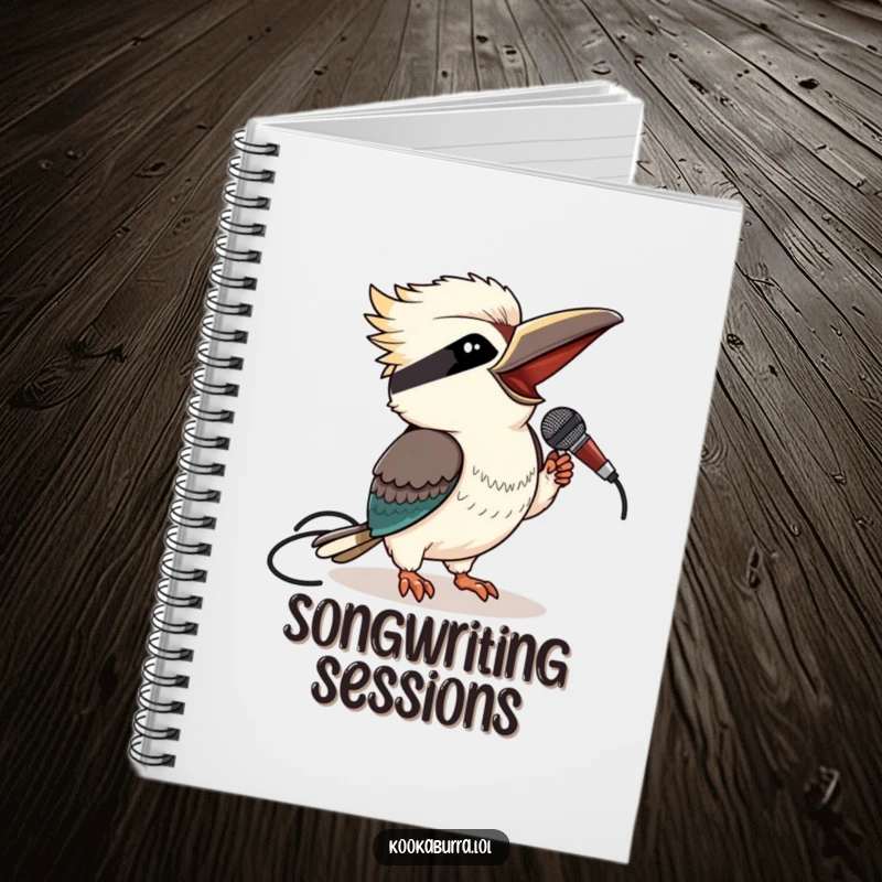 Funny kookaburra notebook cover featuring a winking bird holding a microphone, ideal for songwriters.