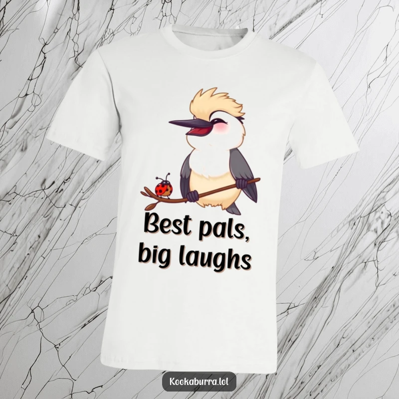 Funny Kookaburra and Ladybug T-Shirt: A kookaburra and a small ladybug sharing a hilarious laugh, perfect for celebrating funny friendships.