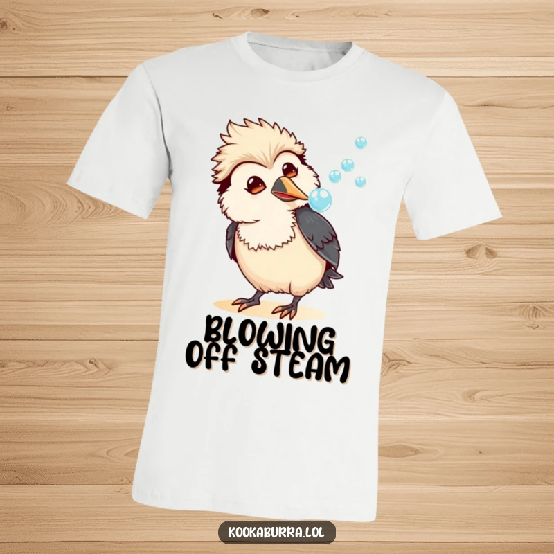 Funny kawaii kookaburra t-shirt with an amused bird blowing a stream of bubbles, perfect for casual, humorous wear.