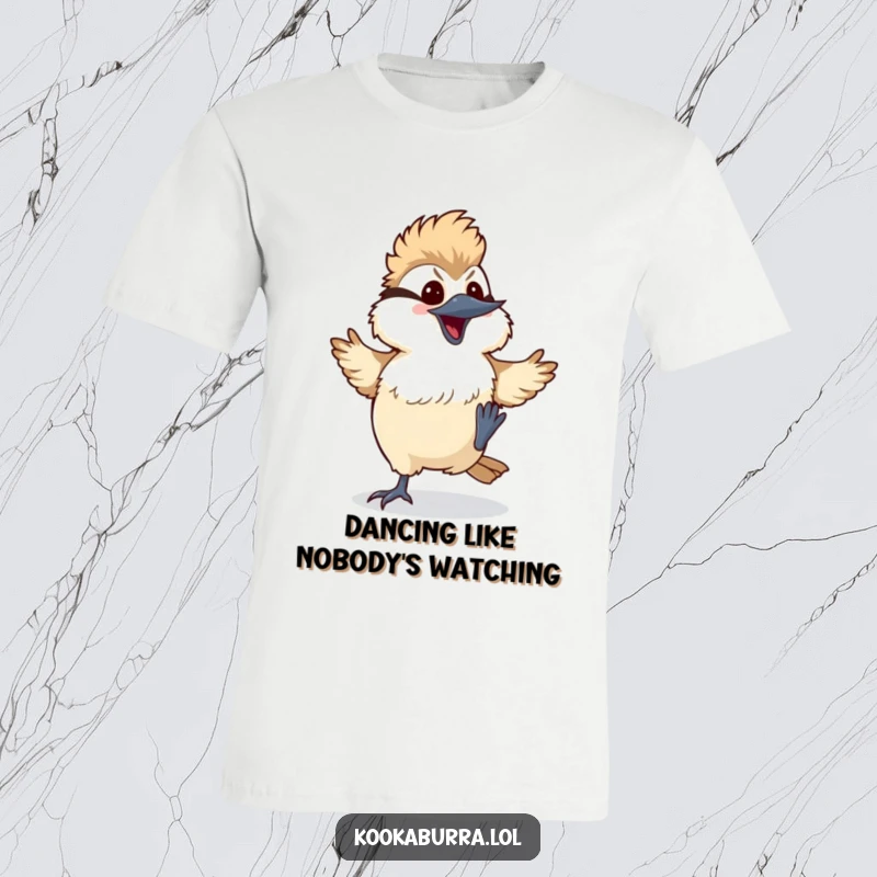 Funny kawaii kookaburra t-shirt depicting a bird doing a silly dance with its feet kicking up, a hilarious and energetic design.