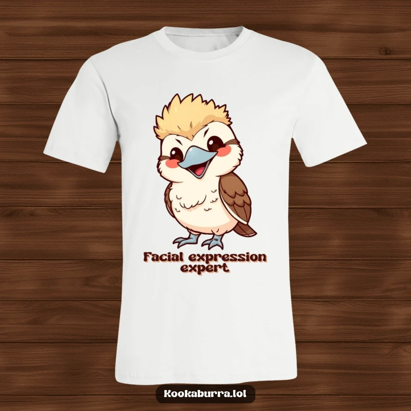 Funny kawaii kookaburra mimicking with exaggerated smile, cute bird graphic tee, playful copycat humor.