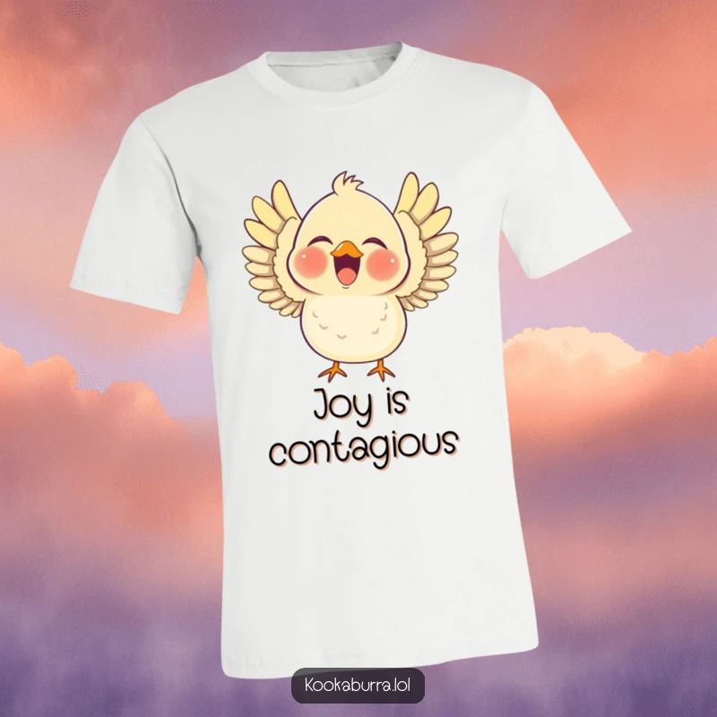 Funny t-shirt of a chubby bird laughing heartily with its wings spread wide, conveying immense joy and a playful, outgoing personality.