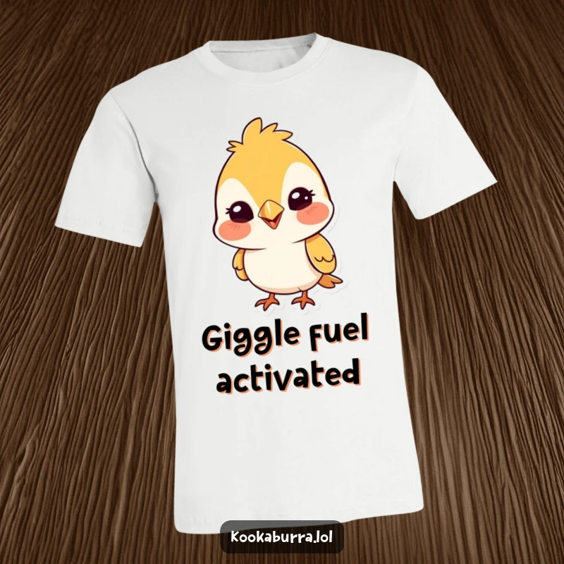 Funny t-shirt featuring a cute bird with a wide, silly grin, tilting its head playfully, showcasing a cheerful and amusing cartoon.