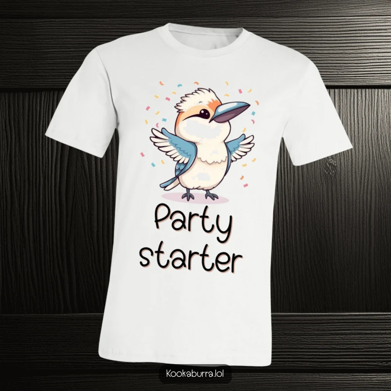 Funny kookaburra throwing a colorful cascade of confetti with both wings, captured on a t-shirt for a party mood.