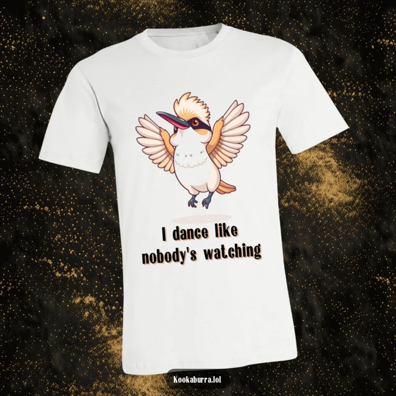 Funny t-shirt depicting a kookaburra in mid-dance, wings spread wide in a comical pose, radiating infectious laughter and joy.