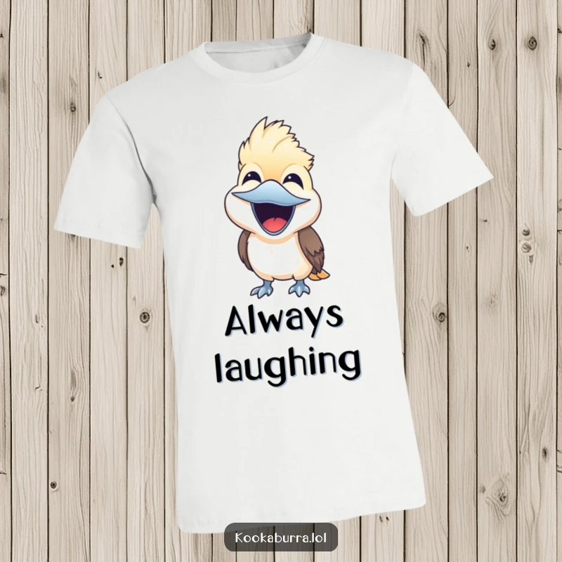 Funny cute kookaburra bird laughing with its beak wide open, expressing immense joy, humorous t-shirt gift.