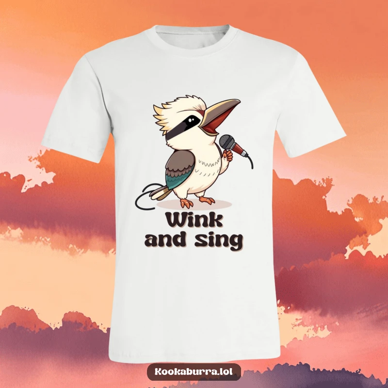 Funny kookaburra t-shirt with a winking bird holding a microphone, ready to sing a song.
