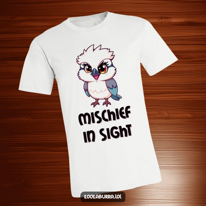 Funny kookaburra t-shirt, a single large eye sparkling with mischief on a bird, denoting playful character.