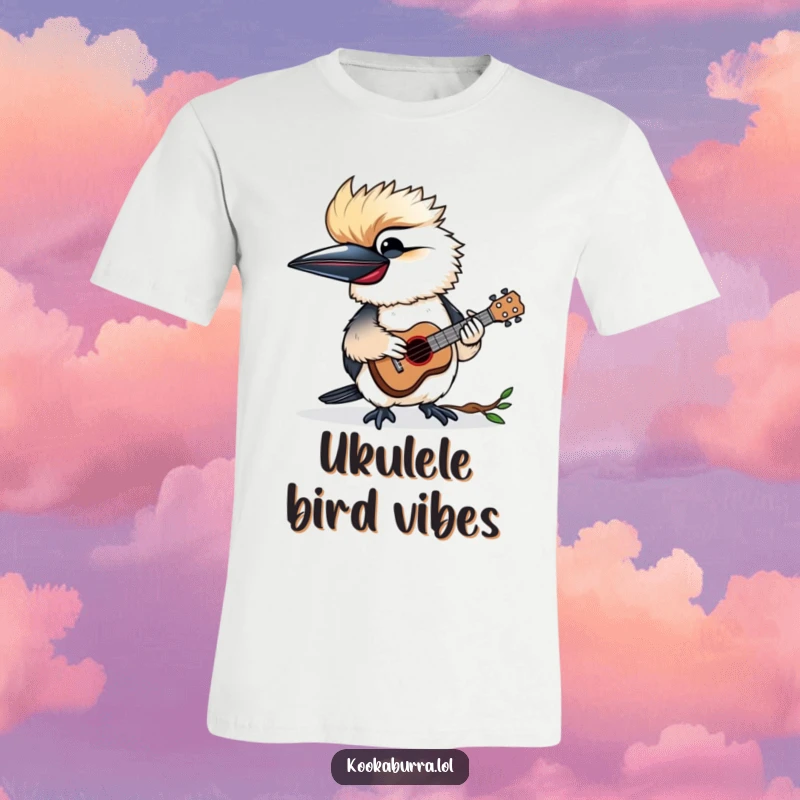 Funny t-shirt featuring a kookaburra joyfully playing a tiny ukulele, capturing a moment of happy, musical delight.
