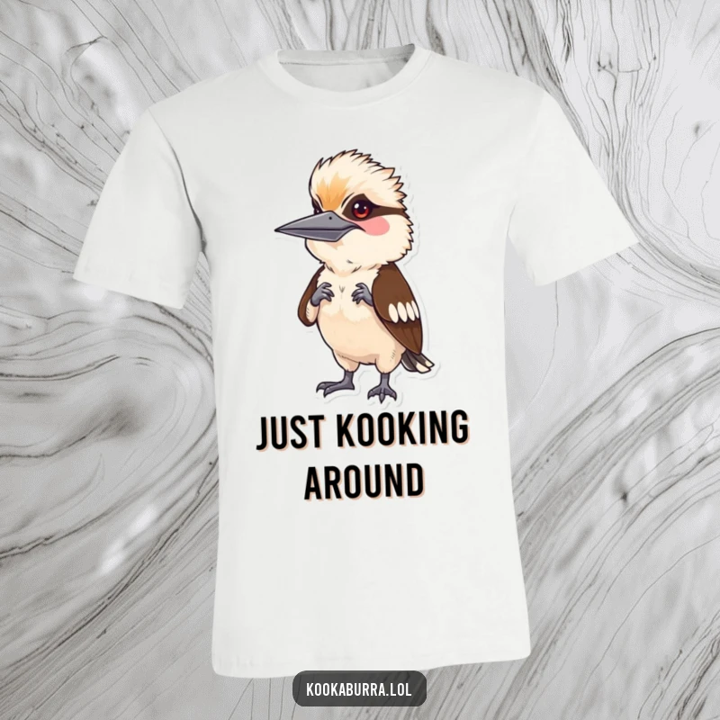 Funny kookaburra character caught mid-imitation, striking a ridiculous human pose with a mischievous grin.