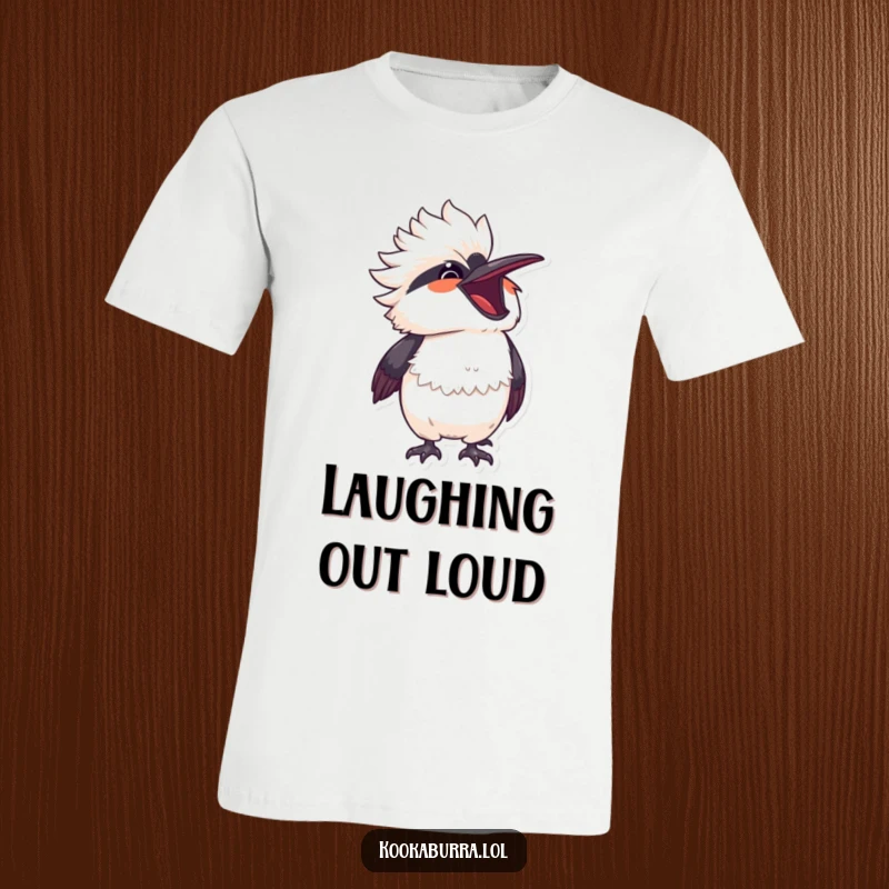 Funny kawaii kookaburra captured mid-laugh, head thrown back, on a delightful and comfortable t-shirt.