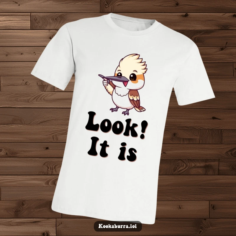 Funny kookaburra excitedly pointing with its wing, a humorous and directional design on a t-shirt.