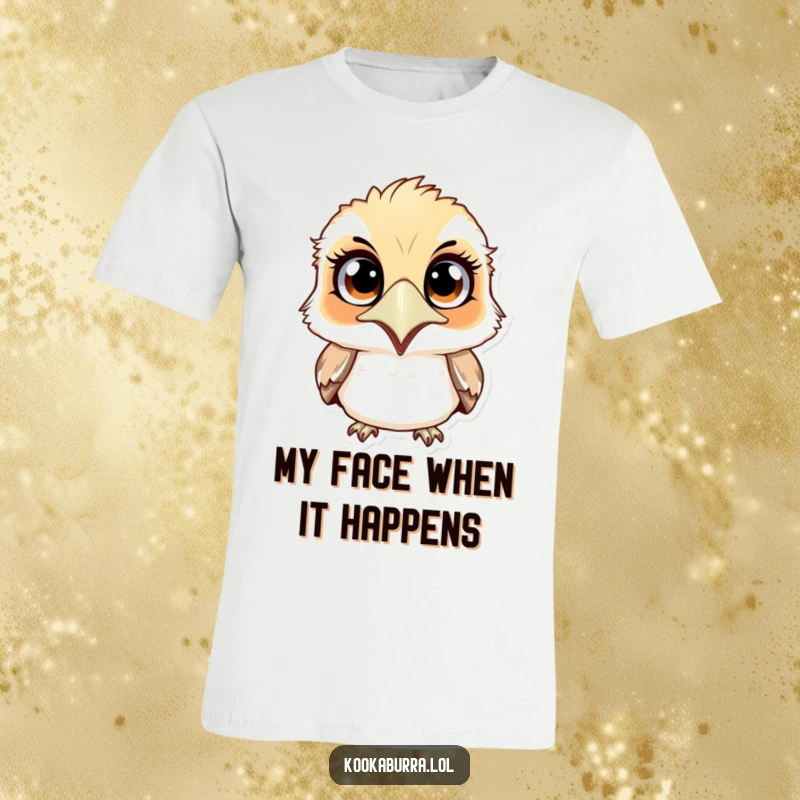 Funny surprised kookaburra t-shirt showing a bird with wide eyes and a tiny dropped jaw, looking utterly astonished. A hilarious gift.