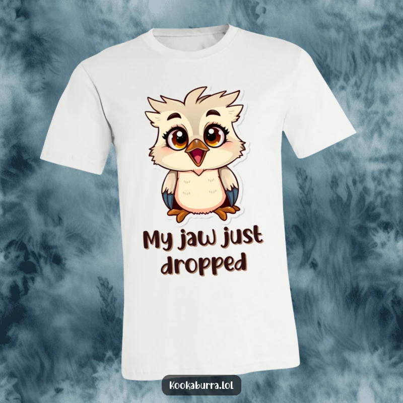 Funny kookaburra t-shirt depicting a bird with huge, wide eyes and an open mouth in a state of extreme surprise, perfect for reactions.