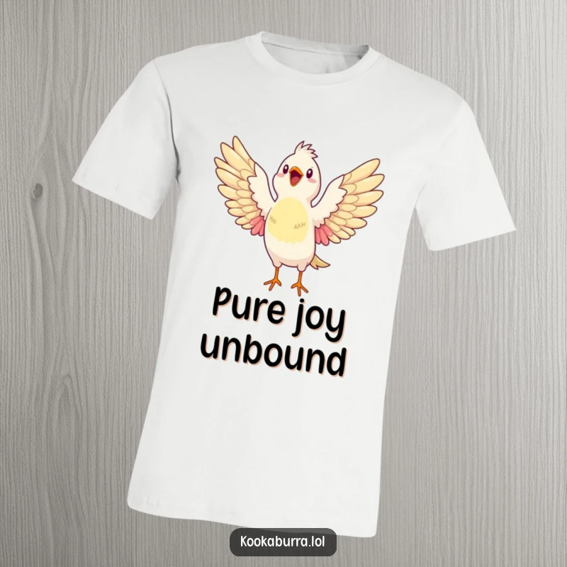 Funny t-shirt of a bird stretching its wings wide open, bursting with glee, conveying an attitude of freedom and ecstatic happiness.